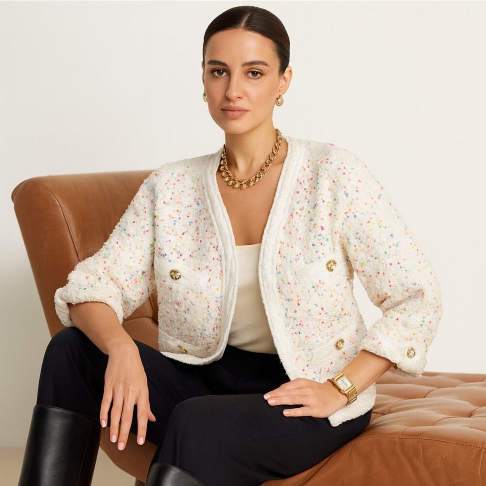 EDWARD ACHOUR PARIS Short Tweed Multicolor Blazer Jacket Pearl Sz M $1,365 II52